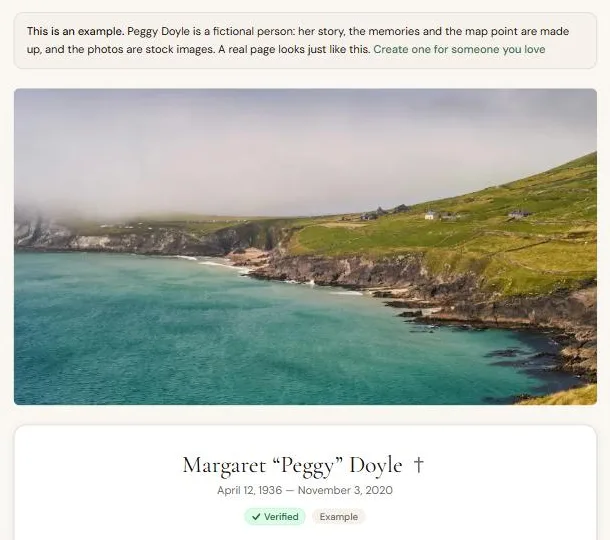 The top of an example memorial page: a wide photo of a bay, the person's name and dates, and a Verified badge