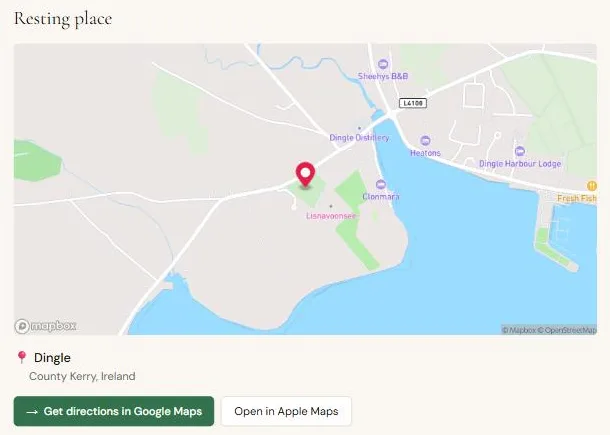 The resting place section of an example memorial page: a map with a red pin, the address, and buttons for directions in Google Maps and Apple Maps