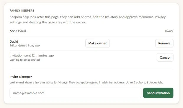 The Family keepers card on the edit page, with the owner, one editor, an invitation waiting and the form to invite another keeper
