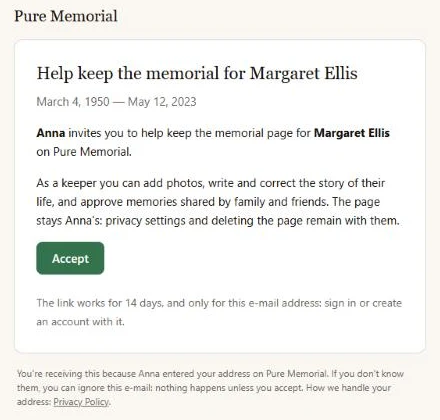 The invitation e-mail: Anna invites you to help keep the memorial page for Margaret Ellis, with an Accept button
