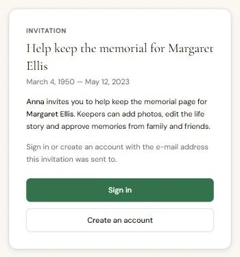 The invitation page with Sign in and Create an account buttons