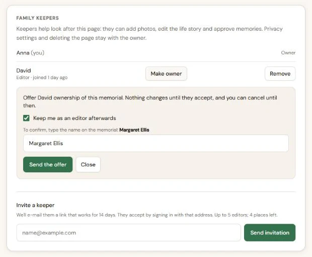 The Make owner form: keep me as an editor afterwards, type the memorial's name to confirm, Send the offer