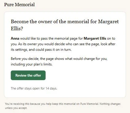 The e-mail offering ownership of the memorial, with a Review the offer button