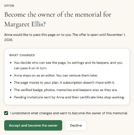 The offer page: what changes, a box to confirm, Accept and become the owner, or Decline
